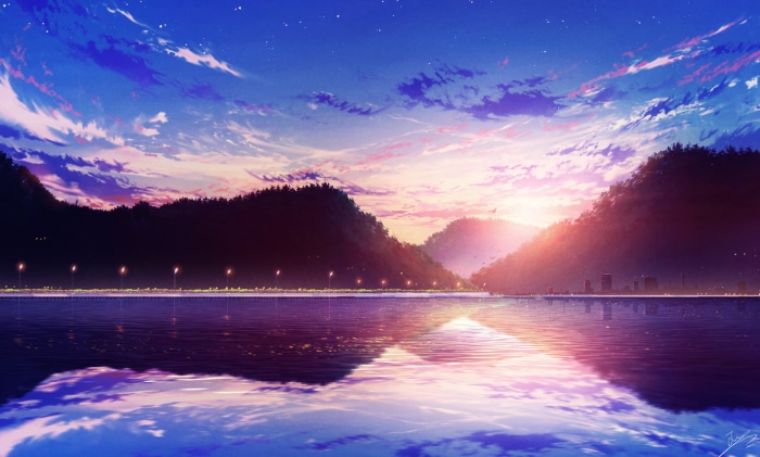 Anime Sunset Over Water with Mountains and Cityscape