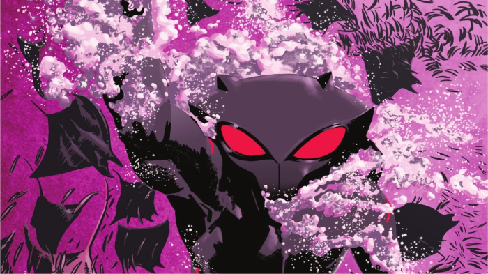 Black Manta surrounded by manta rays