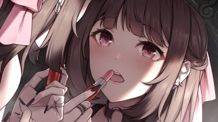 Anime girl applying lipstick