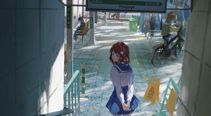 Girl in school uniform at a train station
