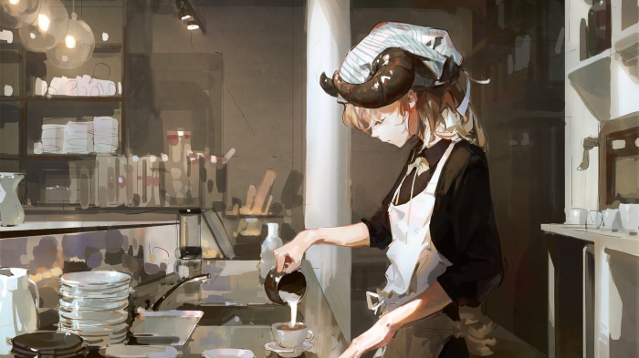 Girl with horns pouring coffee in a cafe