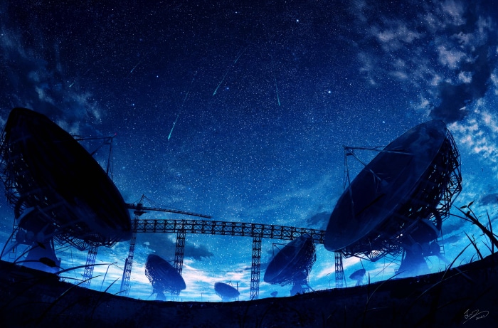 Satellite dishes under a starry night sky with shooting stars