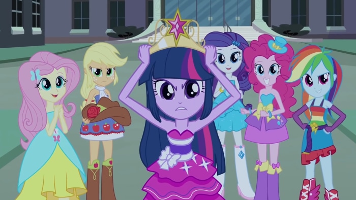 My Little Pony: Equestria Girls characters with Twilight Sparkle wearing a crown