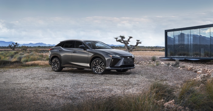 Lexus RZ 450e electric SUV in desert landscape