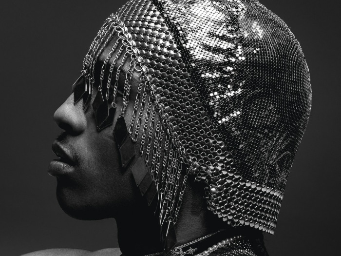 A$AP Rocky wearing a metallic headpiece