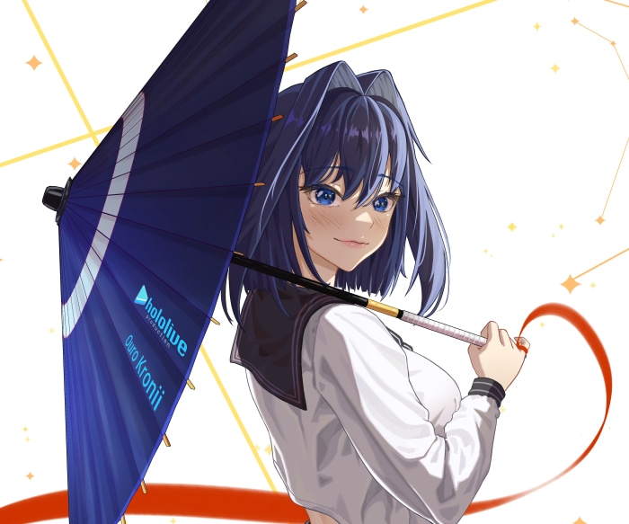 Ouro Kronii from Hololive holding a blue umbrella