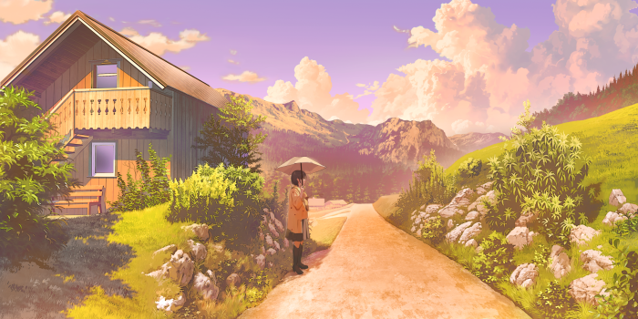 Girl with umbrella in front of a house in the mountains