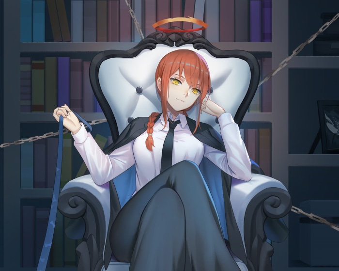 Makima from Chainsaw Man sitting on a throne