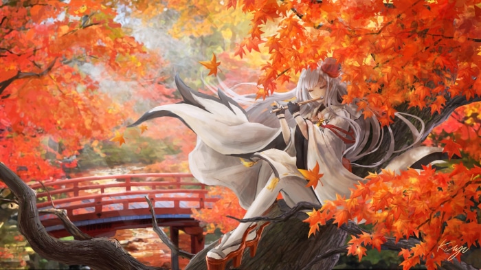 Shoukaku from Azur Lane playing a flute in autumn