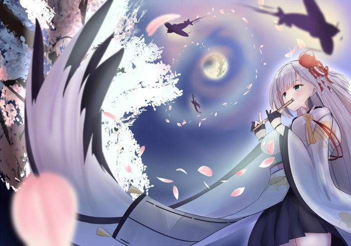 Shoukaku from Azur Lane playing a flute under cherry blossoms