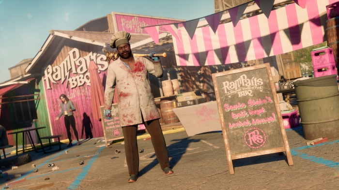 Man in bloody chef outfit with baseball bat at Ramparts BBQ