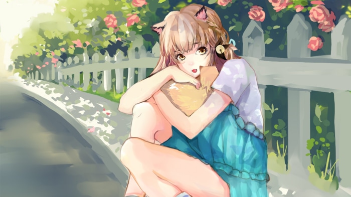 Girl with cat ears hugging a fox