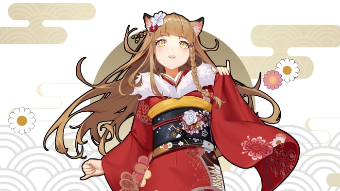 Anime girl in red kimono with cat ears