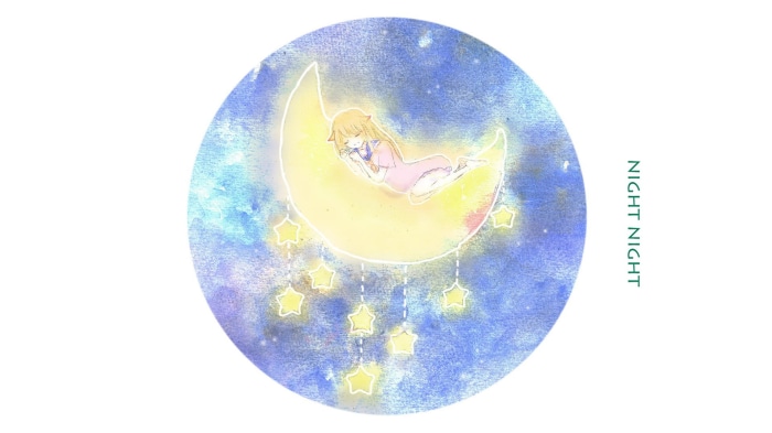 Girl sleeping on a crescent moon with stars