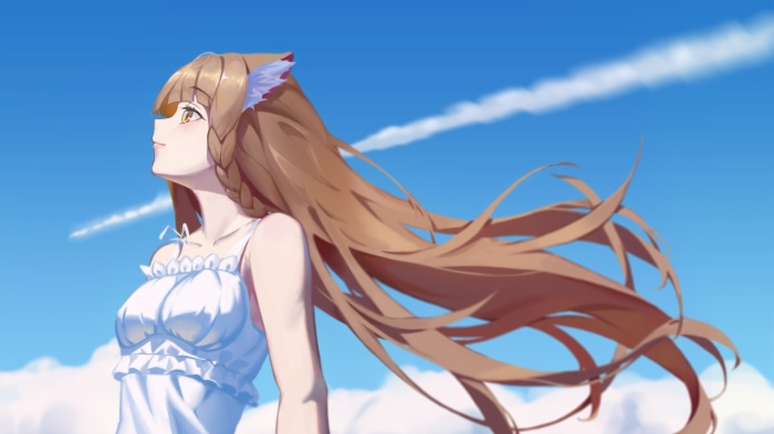 Anime girl with long brown hair in white dress under blue sky