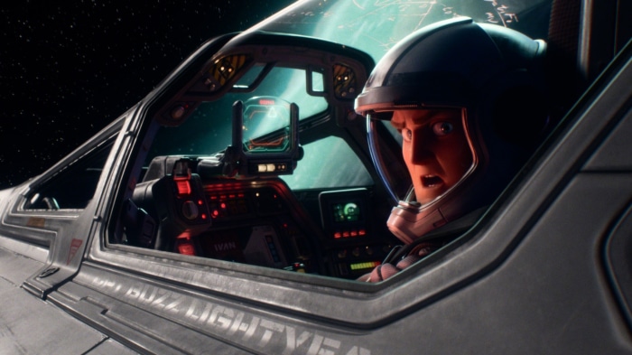 Buzz Lightyear in a spaceship cockpit