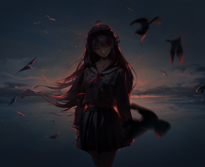Girl with red eyes and dark hair in a school uniform