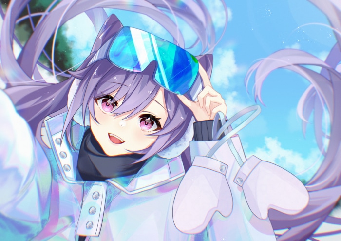 Keqing from Genshin Impact wearing ski goggles