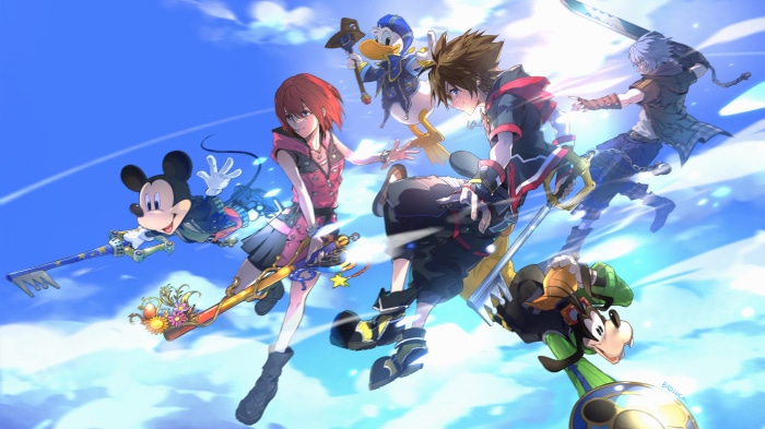 Sora, Kairi, Riku, Mickey, Donald, and Goofy from Kingdom Hearts III 4K