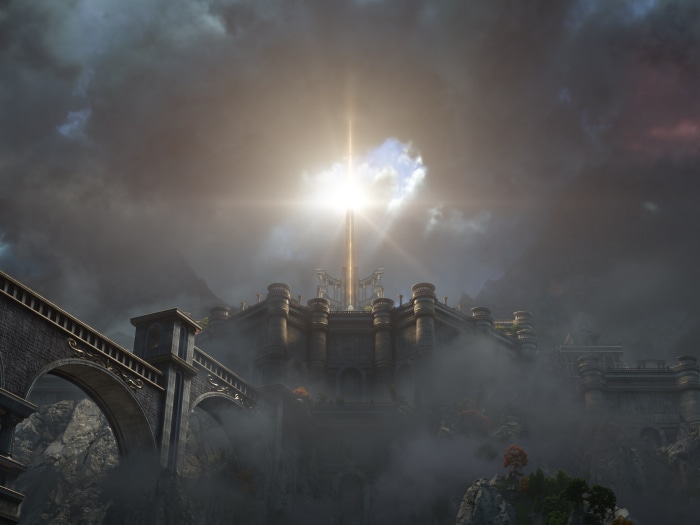 World of Warcraft: Dragonflight castle with light beam