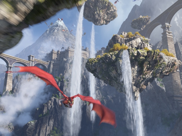 Dragon flying over waterfalls and floating islands