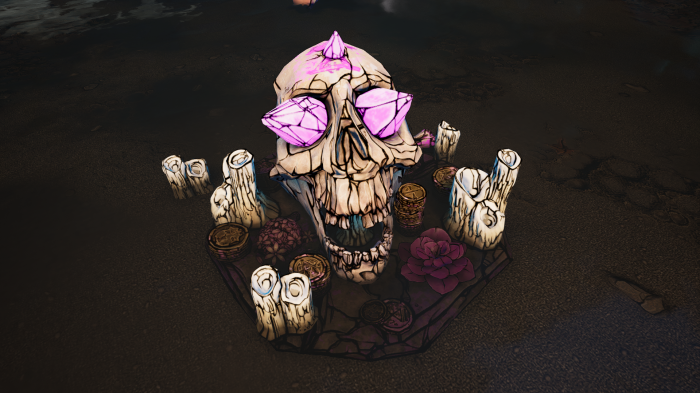 Skull with pink crystals and offerings in Tiny Tina's Wonderlands