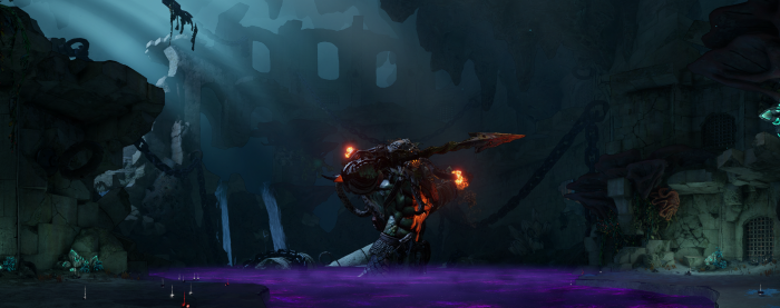 Creature in a dark cave with purple water in Tiny Tina's Wonderlands