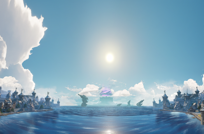 Fantasy Cityscape with Ocean and Sun