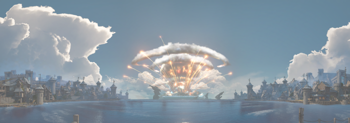 Explosion over a fantasy city in Tiny Tina's Wonderlands