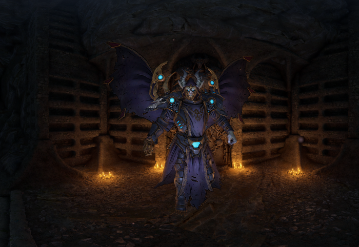 A demonic warrior with wings in a tomb