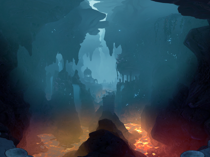 Cave with lava and ancient structures