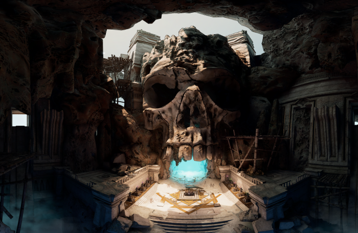 Skull cave entrance with ancient ruins in Tiny Tina's Wonderlands
