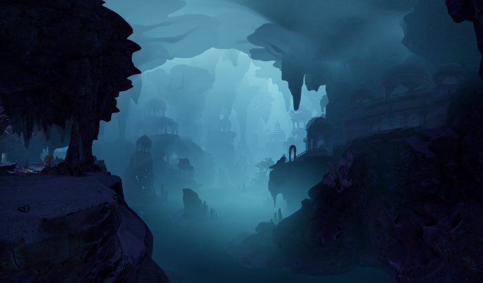 Fantasy cave with ancient ruins and glowing water 4K