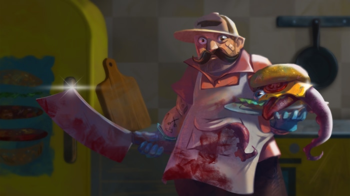 The Chef with a cleaver and a burger monster