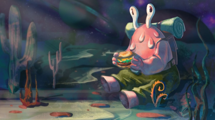 Alien eating a burger in a desert landscape