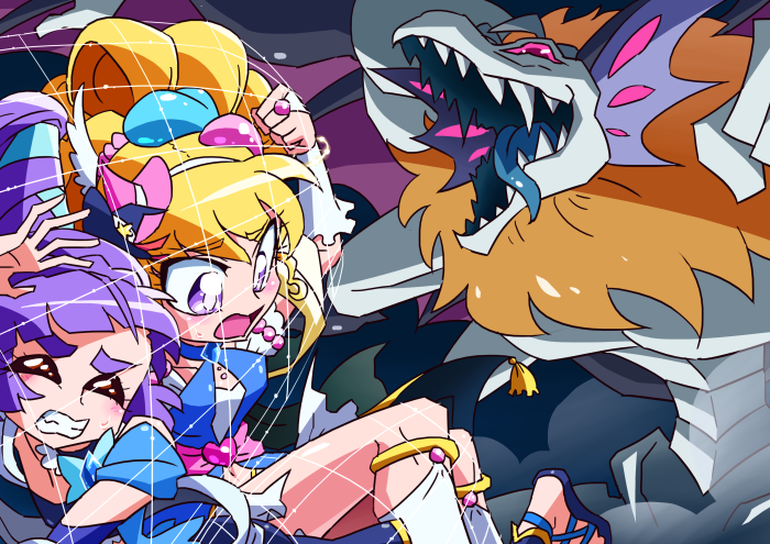 Cure Miracle and Cure Magical from Witchy PreCure! fighting a monster