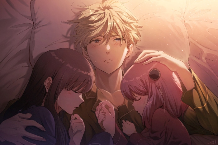 Loid, Yor, and Anya from Spy X Family in bed