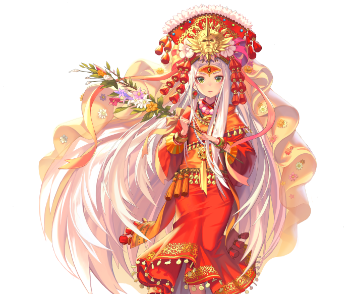 Anime Girl in Traditional Orange and Red Dress with Flowers