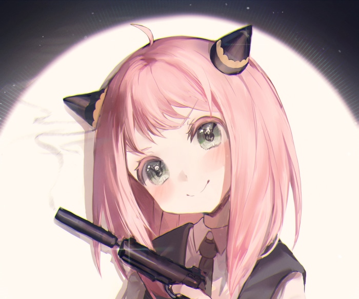Anya Forger from Spy X Family holding a gun