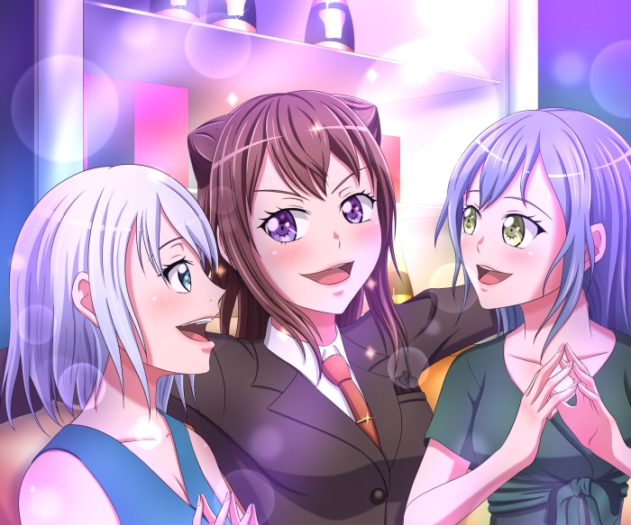 Kasumi Toyama, Mashiro Kurata, and Yukina Minato from BanG Dream! Girls Band Party!