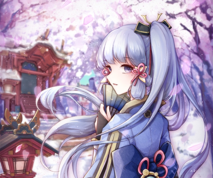 Kamisato Ayaka from Genshin Impact with cherry blossoms