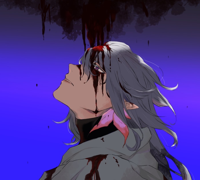Merlin from Fate/Grand Order covered in blood