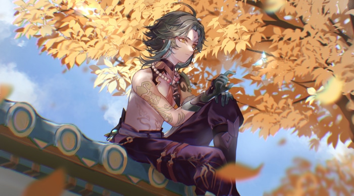 Xiao from Genshin Impact sitting on a roof