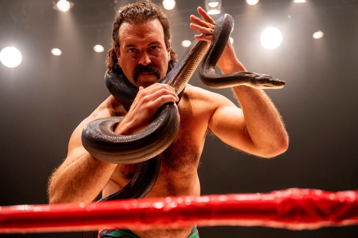 Wrestler with snake in wrestling ring