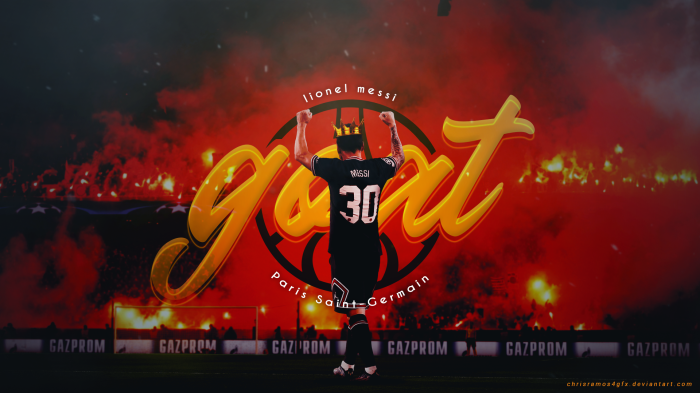 Lionel Messi wearing Paris Saint-Germain jersey with 'GOAT' text