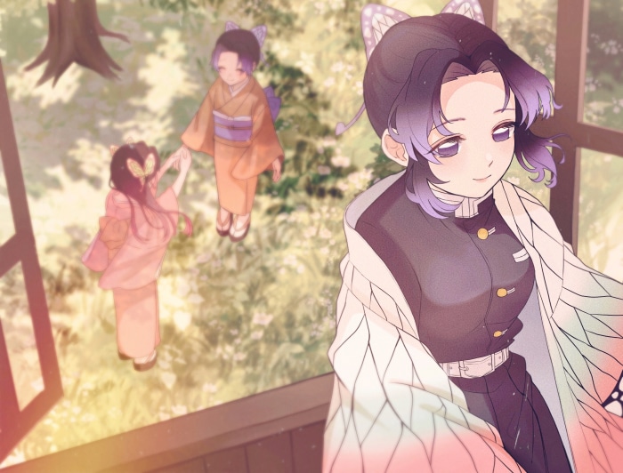 Shinobu Kocho and two children from Demon Slayer