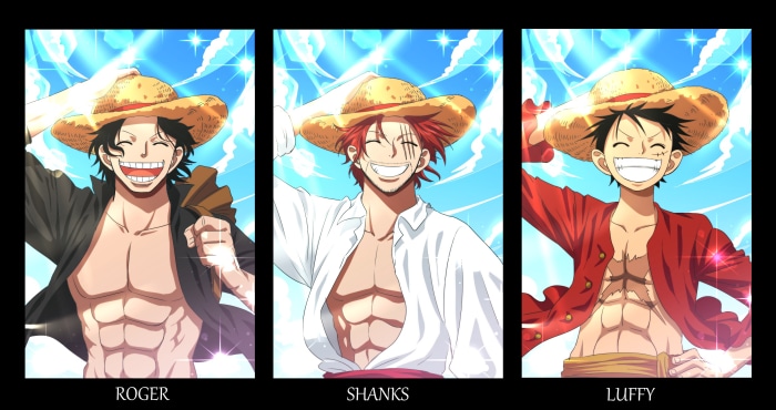 Gol D. Roger, Shanks, and Monkey D. Luffy from One Piece