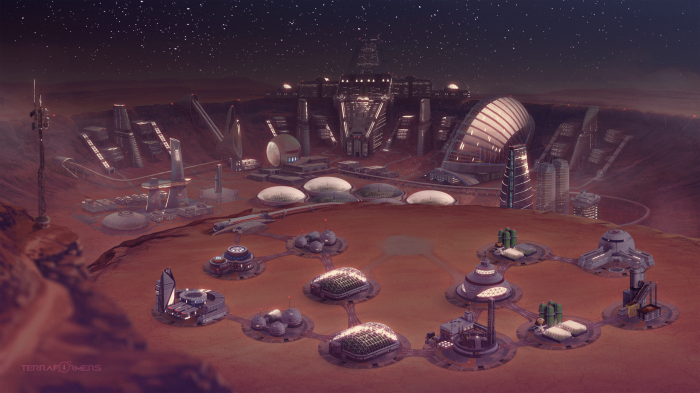 Terraformers colony on Mars at night
