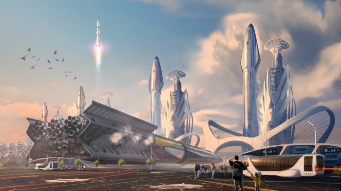 Futuristic city with rocket launch and flying vehicles