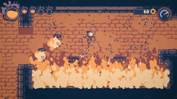Robot character in a fiery environment